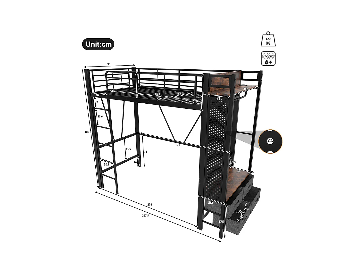 Lit mezzanine 90 x 200 cm, structure en fer, avec tringle à linge, étagères, tiroirs, prises USB + Type-C, bande LED, noir