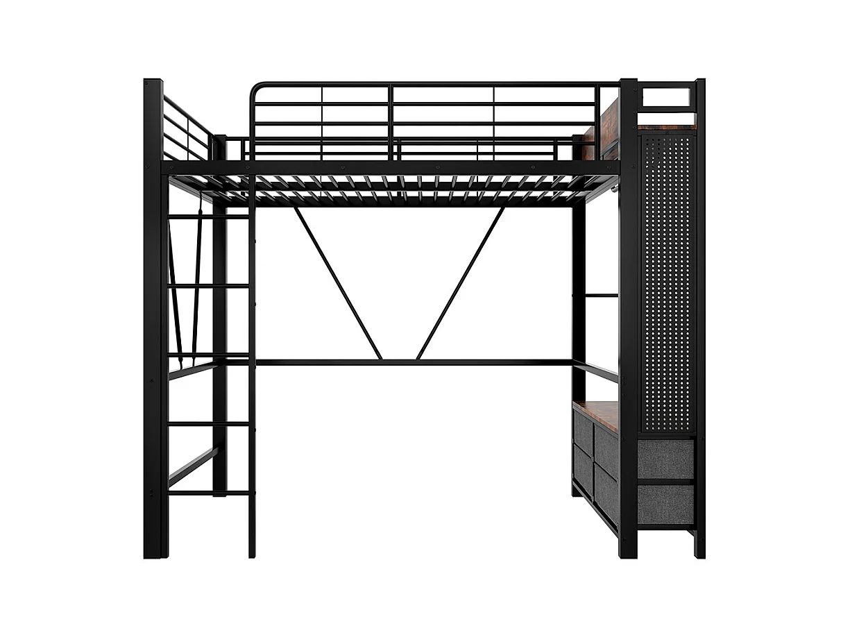 Lit mezzanine 90 x 200 cm, structure en fer, avec tringle à linge, étagères, tiroirs, prises USB + Type-C, bande LED, noir