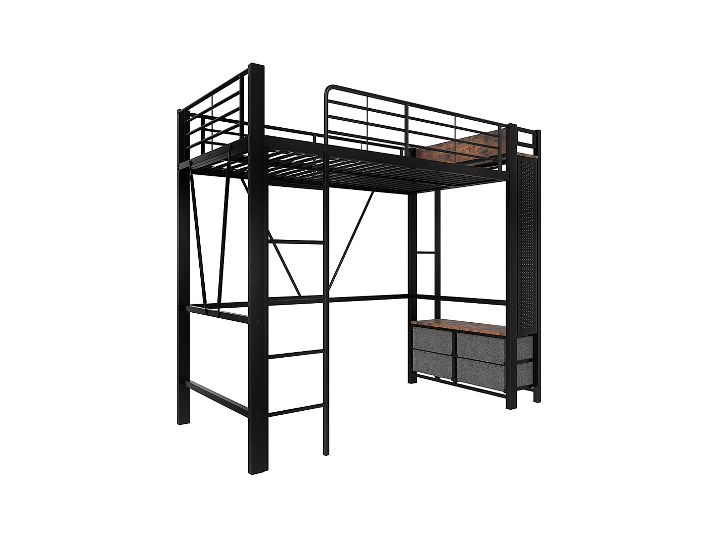 Lit mezzanine 90 x 200 cm, structure en fer, avec tringle à linge, étagères, tiroirs, prises USB + Type-C, bande LED, noir