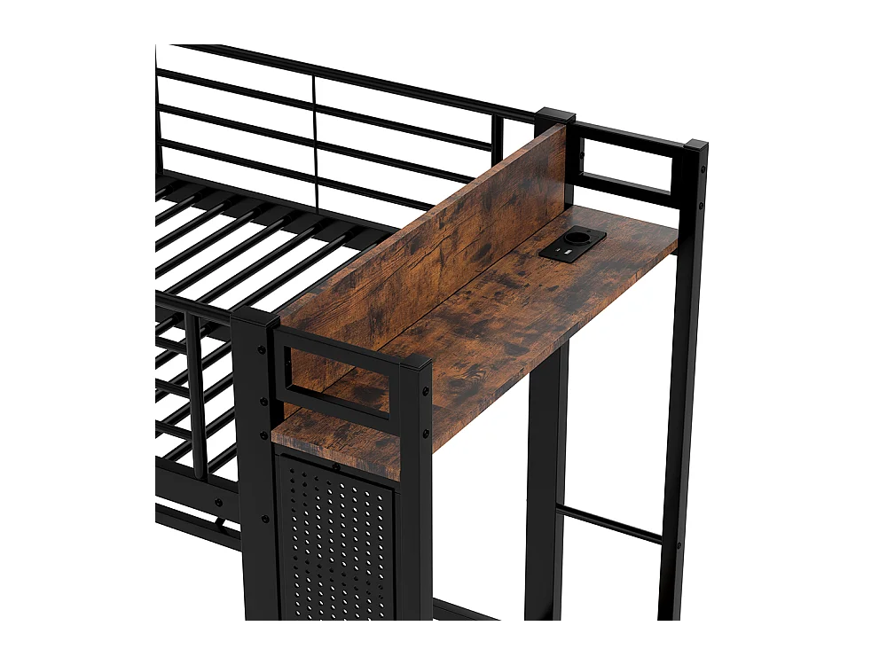 Lit mezzanine 90 x 200 cm, structure en fer, avec tringle à linge, étagères, tiroirs, prises USB + Type-C, bande LED, noir