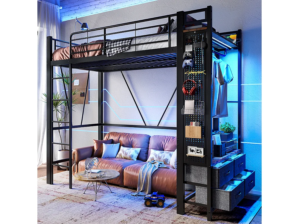 Lit mezzanine 90 x 200 cm, structure en fer, avec tringle à linge, étagères, tiroirs, prises USB + Type-C, bande LED, noir