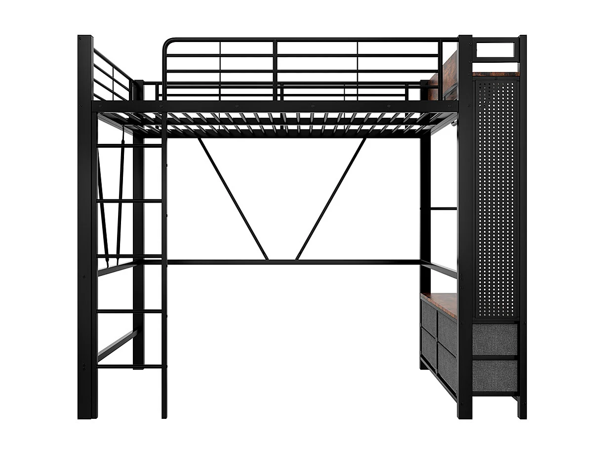 Lit mezzanine 90 x 200 cm, structure en fer, avec tringle à linge, étagères, tiroirs, prises USB + Type-C, bande LED, noir