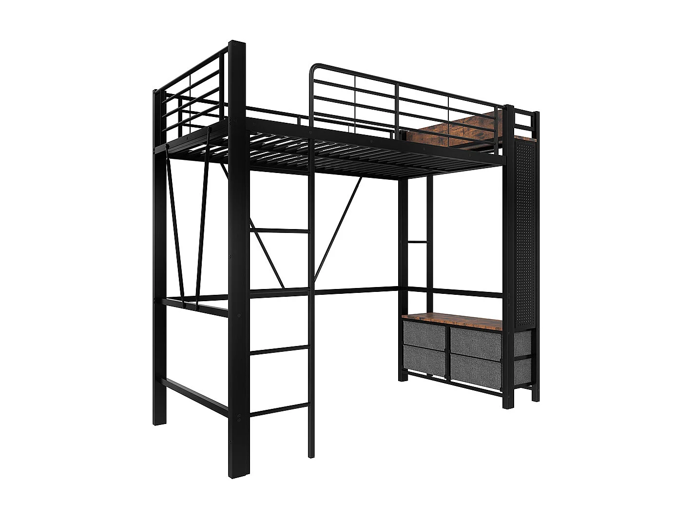 Lit mezzanine 90 x 200 cm, structure en fer, avec tringle à linge, étagères, tiroirs, prises USB + Type-C, bande LED, noir