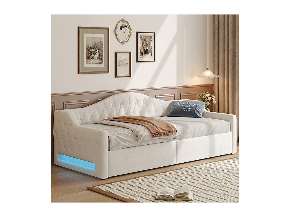 Canapé-lit 90 x 200 cm, avec bande LED, rangement hydraulique, couleur beige