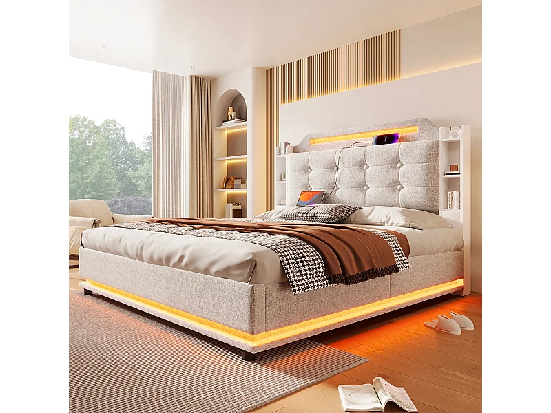 Gepolstertes Doppelbett 140 x 200 cm, mit LED-Streifen, hydraulischem Stauraum, USB-Anschlüssen + Typ C, Leinenstoff, beige.