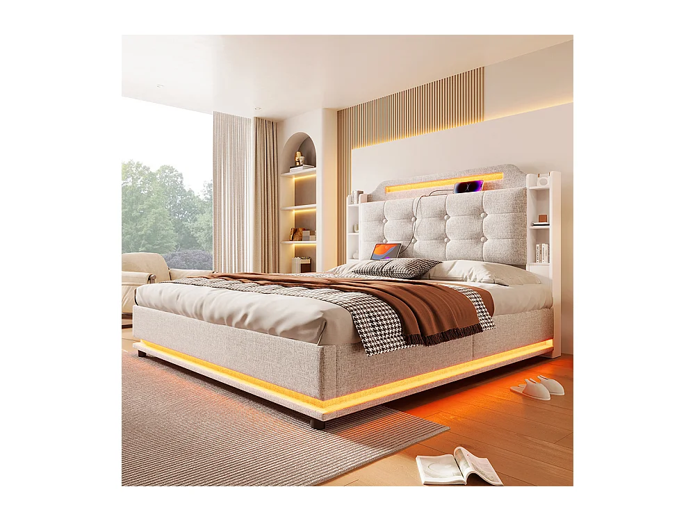 Gestoffeerd tweepersoonsbed 140 x 200 cm, met ledstrip, hydraulische opbergruimte, USB-poorten + Type-C, linnen stof, beige.