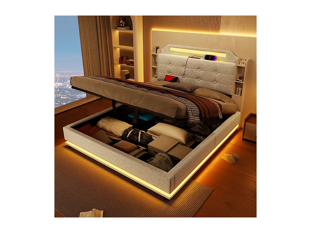Gestoffeerd tweepersoonsbed 140 x 200 cm, met ledstrip, hydraulische opbergruimte, USB-poorten + Type-C, linnen stof, beige.