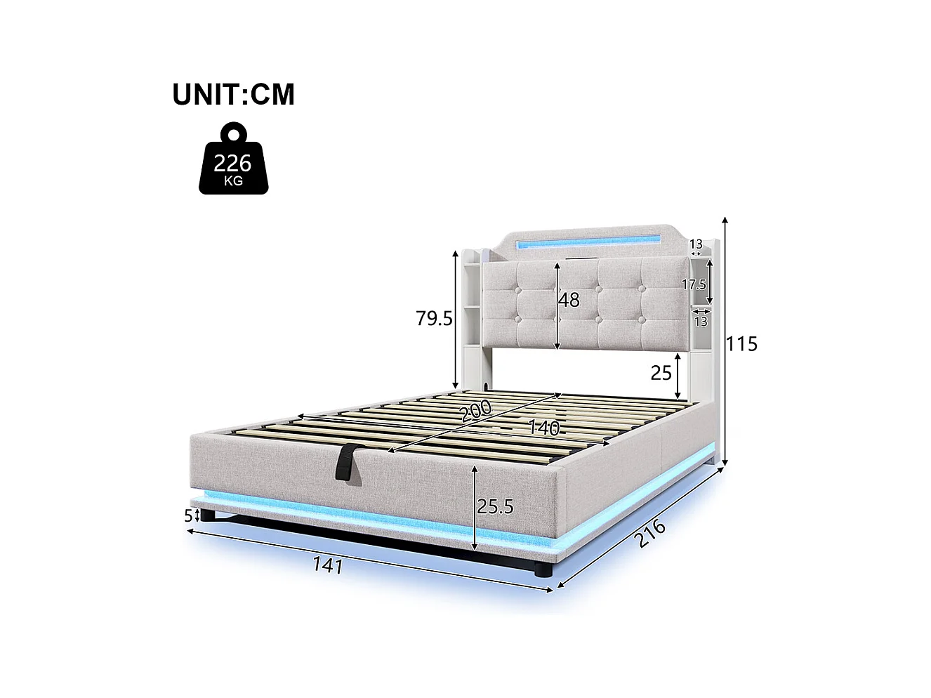 Gestoffeerd tweepersoonsbed 140 x 200 cm, met ledstrip, hydraulische opbergruimte, USB-poorten + Type-C, linnen stof, beige.