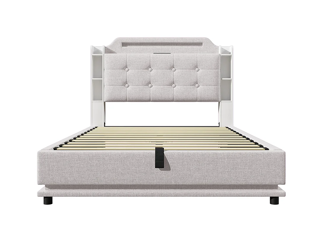 Gestoffeerd tweepersoonsbed 140 x 200 cm, met ledstrip, hydraulische opbergruimte, USB-poorten + Type-C, linnen stof, beige.