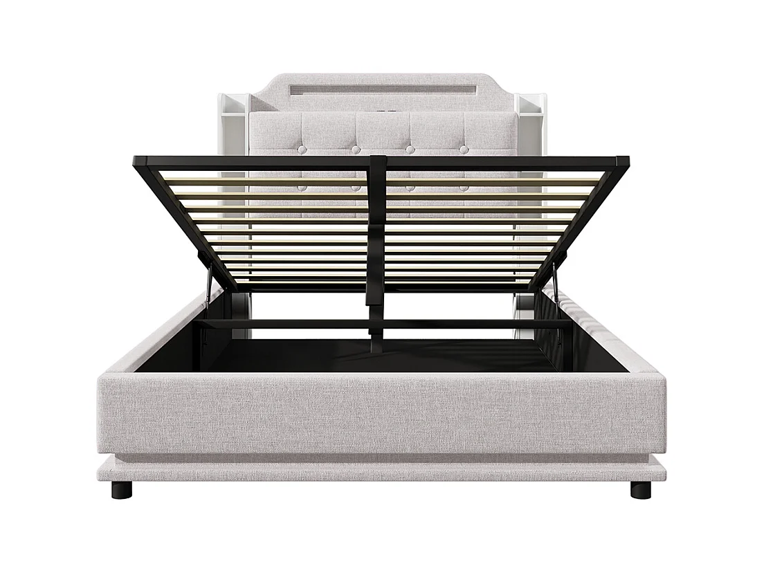 Gestoffeerd tweepersoonsbed 140 x 200 cm, met ledstrip, hydraulische opbergruimte, USB-poorten + Type-C, linnen stof, beige.