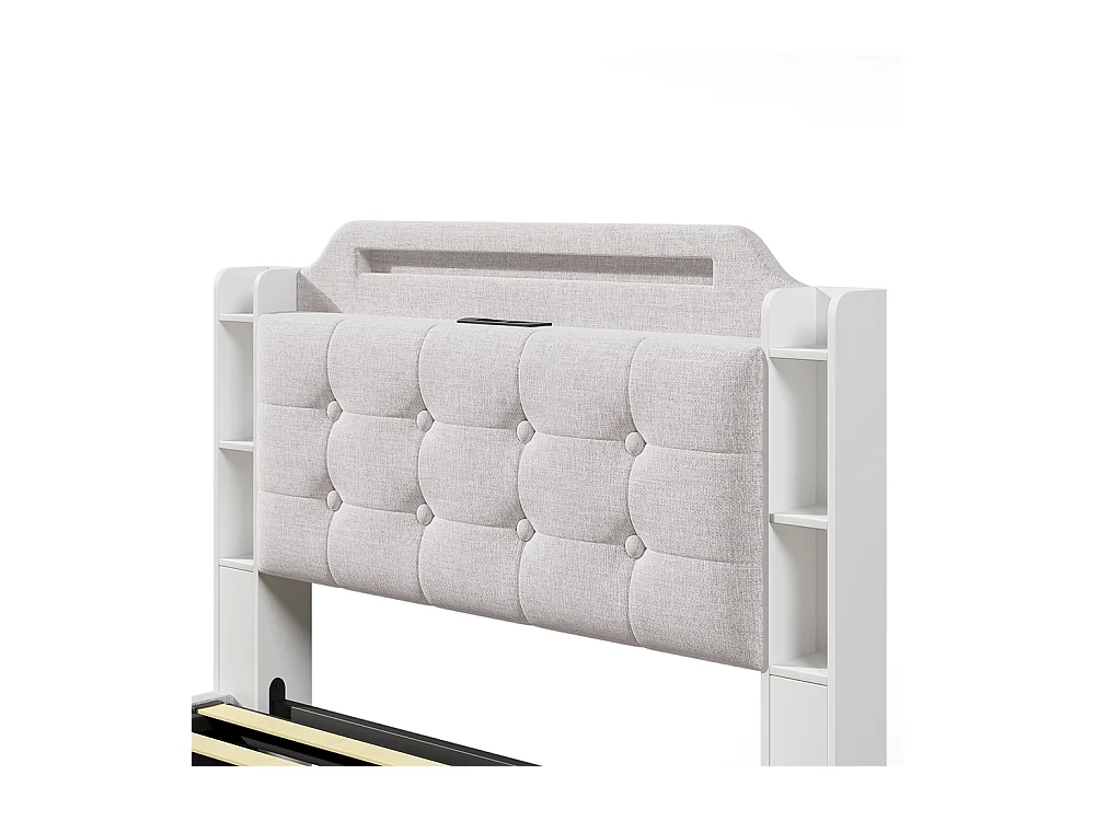 Gestoffeerd tweepersoonsbed 140 x 200 cm, met ledstrip, hydraulische opbergruimte, USB-poorten + Type-C, linnen stof, beige.