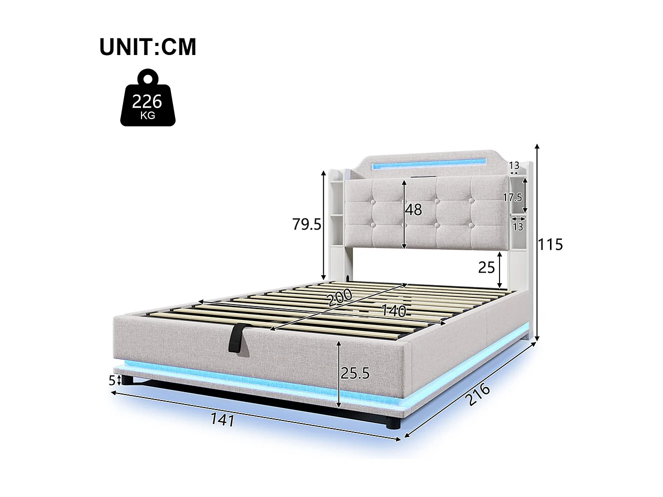Lit double rembourré 140 x 200 cm, avec bande LED, rangement hydraulique, ports USB + Type-C, tissu en lin,beige.
