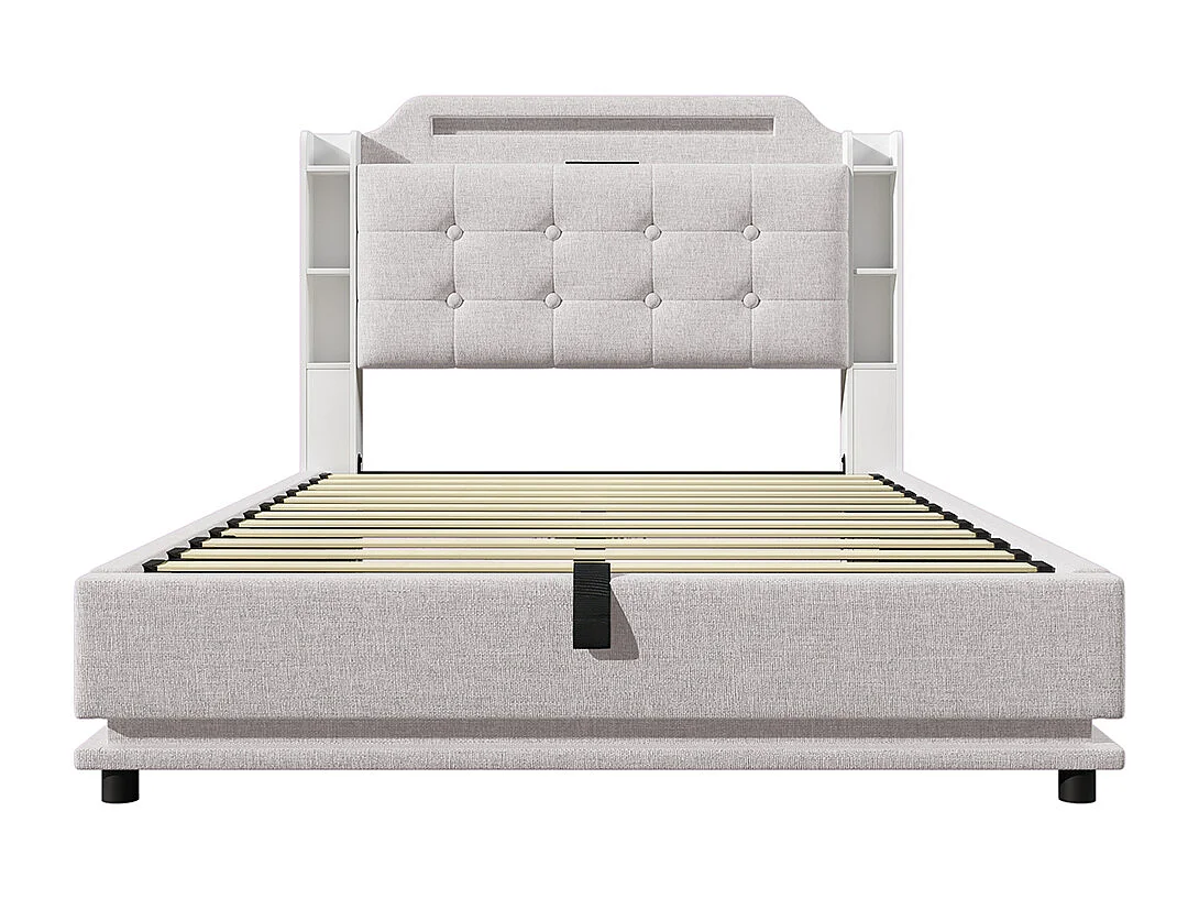 Lit double rembourré 140 x 200 cm, avec bande LED, rangement hydraulique, ports USB + Type-C, tissu en lin,beige.