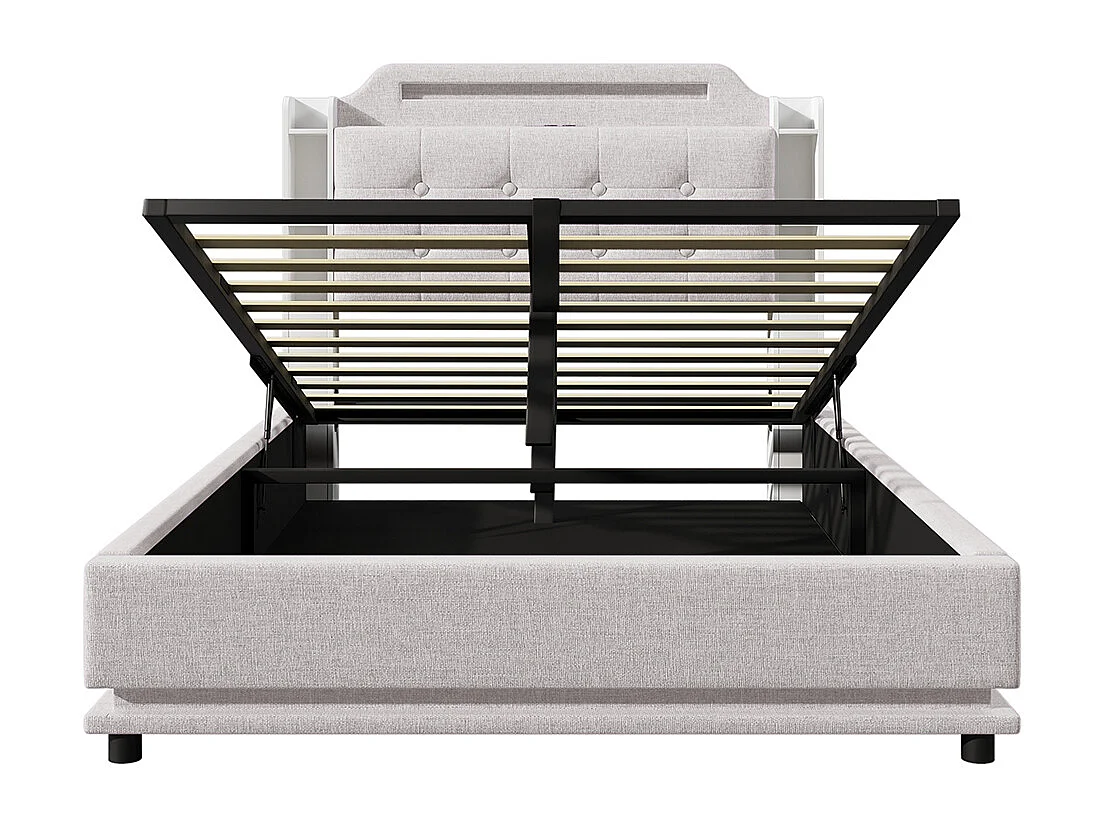 Lit double rembourré 140 x 200 cm, avec bande LED, rangement hydraulique, ports USB + Type-C, tissu en lin,beige.