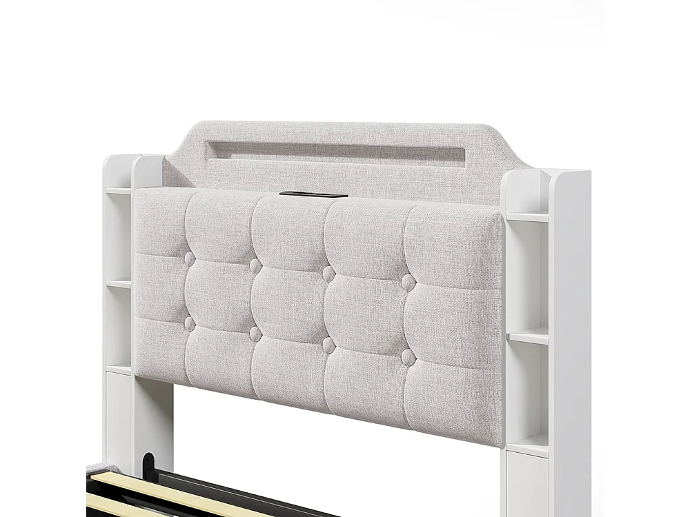 Lit double rembourré 140 x 200 cm, avec bande LED, rangement hydraulique, ports USB + Type-C, tissu en lin,beige.