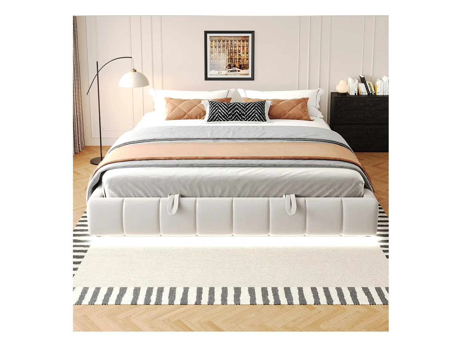 Cama tapizada para adulto 180 x 200 cm, sin cabecero, con tira LED (monocromática), somier con suspensión hidráulica, beige.