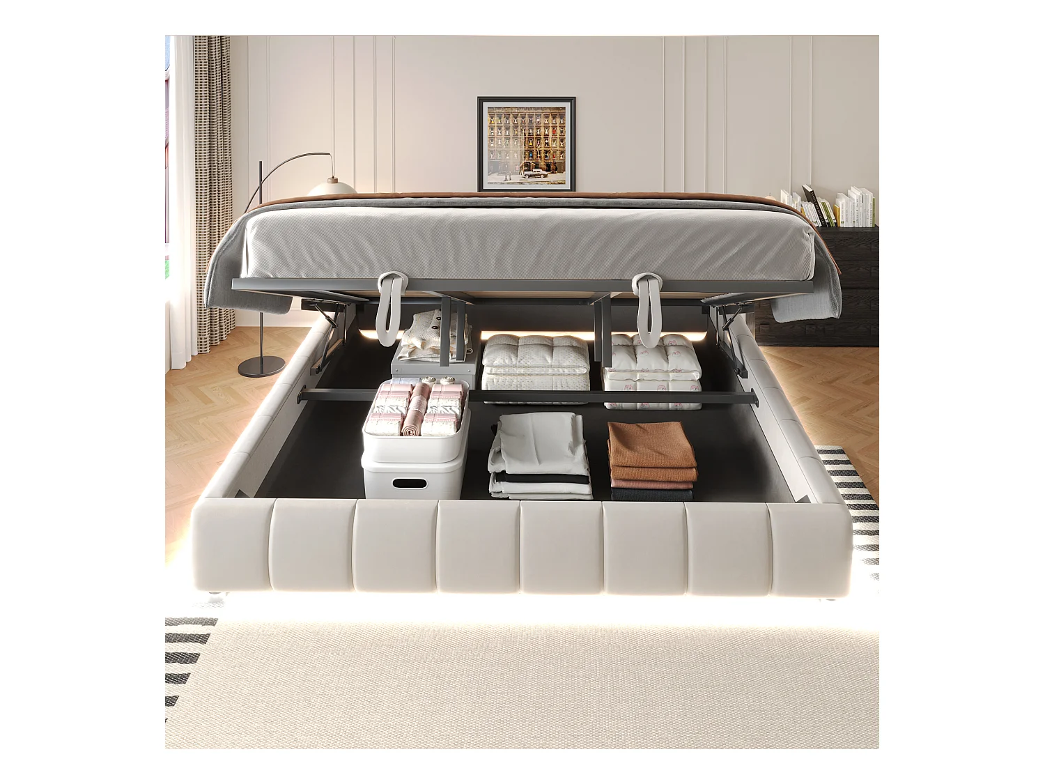 Cama tapizada para adulto 180 x 200 cm, sin cabecero, con tira LED (monocromática), somier con suspensión hidráulica, beige.