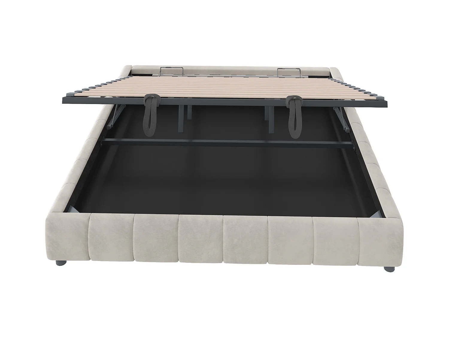 Cama tapizada para adulto 180 x 200 cm, sin cabecero, con tira LED (monocromática), somier con suspensión hidráulica, beige.