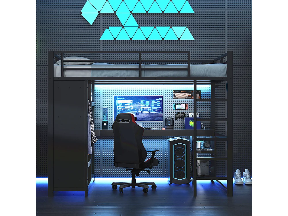 Letto a soppalco 140x200, con illuminazione LED, struttura metallica, dotato di scrivania, armadio aperto e ripiani portaoggetti, nero.