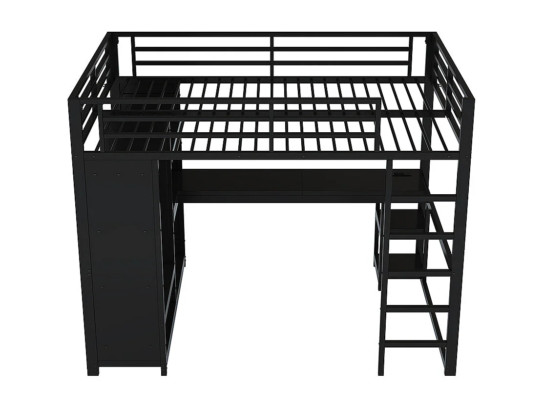 Letto a soppalco 140x200, con illuminazione LED, struttura metallica, dotato di scrivania, armadio aperto e ripiani portaoggetti, nero.