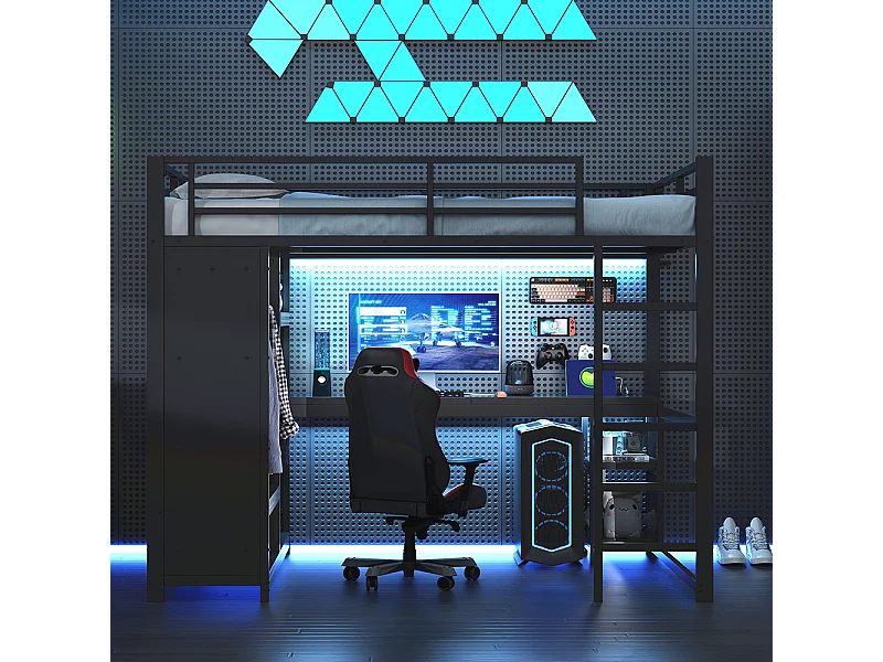 Letto a soppalco 140x200, con illuminazione LED, struttura metallica, dotato di scrivania, armadio aperto e ripiani portaoggetti, nero.