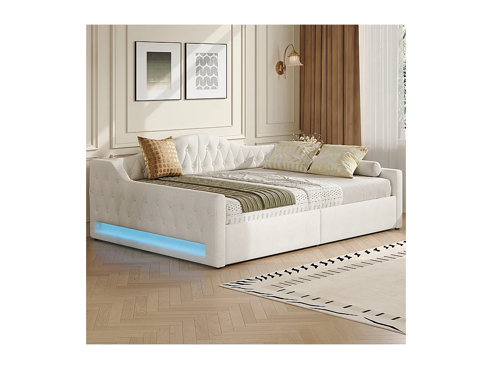 Sofá cama 140 x 200 cm, con tira LED, almacenamiento hidráulico, color beige.