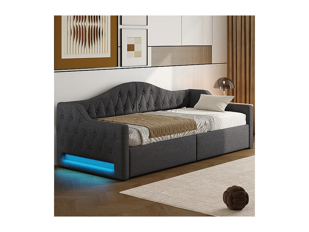 Sofá cama 90 x 200 cm, con tira LED, almacenamiento hidráulico, gris