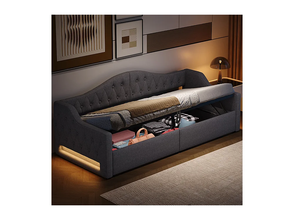 Sofá cama 90 x 200 cm, con tira LED, almacenamiento hidráulico, gris