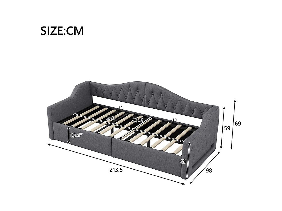 Sofá cama 90 x 200 cm, con tira LED, almacenamiento hidráulico, gris