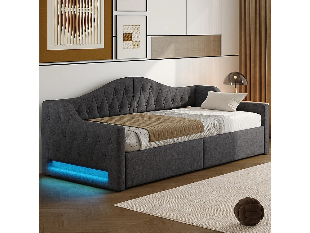 Canapé-lit 90 x 200 cm, avec bande LED, rangement hydraulique, gris