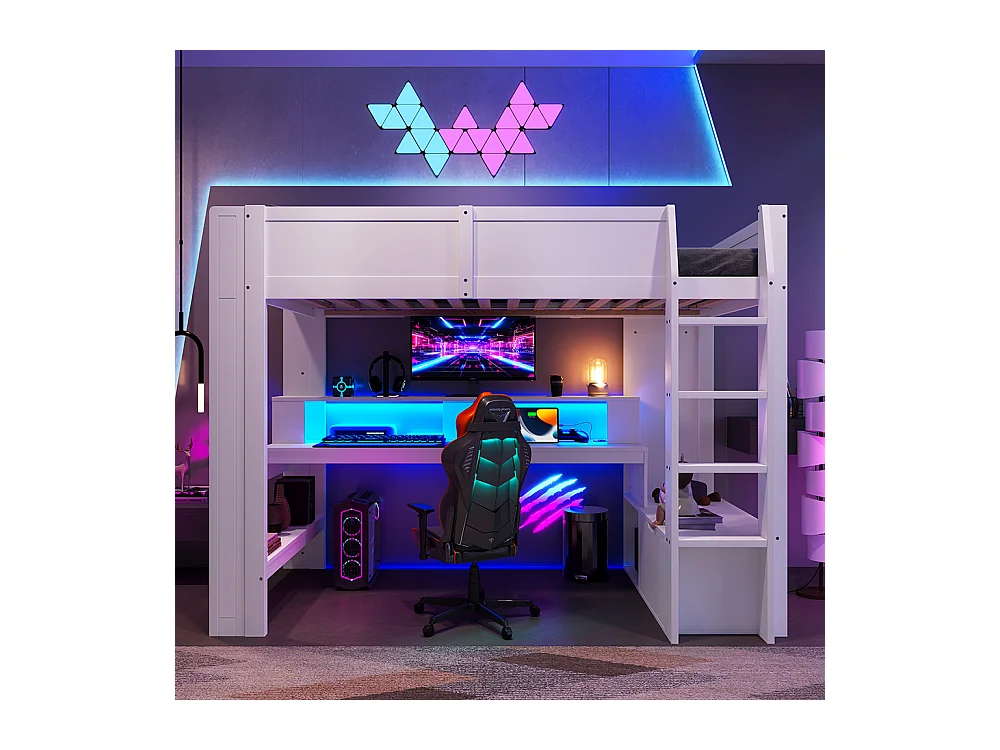 Lit mezzanine 90 x 200 cm, lit ludique avec bureau, équipé d'une lampe LED, d'un bureau, de tiroirs, d'étagères, sans matelas, couleur blanche.