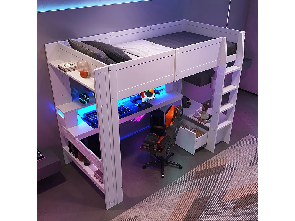 Lit mezzanine 90 x 200 cm, lit ludique avec bureau, équipé d'une lampe LED, d'un bureau, de tiroirs, d'étagères, sans matelas, couleur blanche.