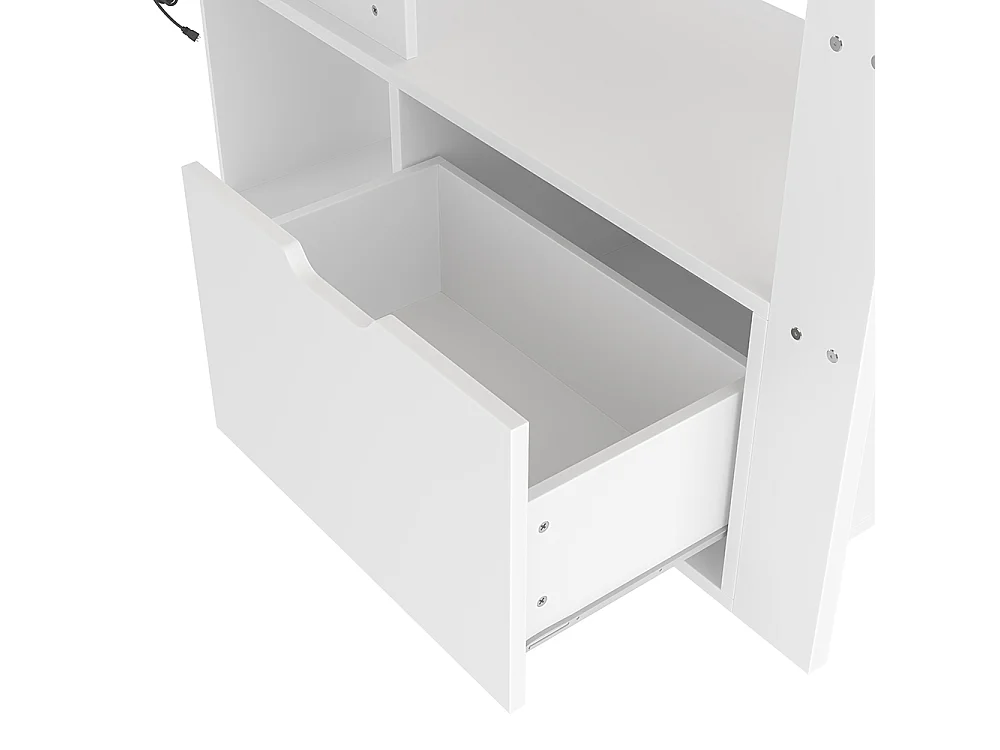 Lit mezzanine 90 x 200 cm, lit ludique avec bureau, équipé d'une lampe LED, d'un bureau, de tiroirs, d'étagères, sans matelas, couleur blanche.