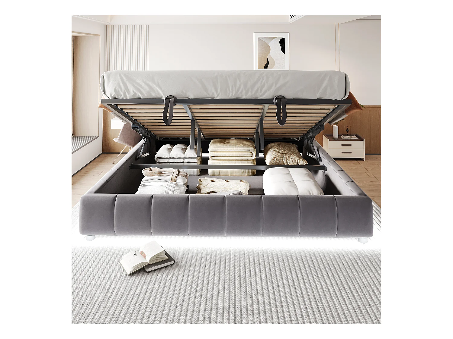 Gepolstertes Bett für Erwachsene 180 x 200 cm, ohne Kopfteil, mit LED-Streifen (einfarbig), Lattenrost mit hydraulischer Federung, grau