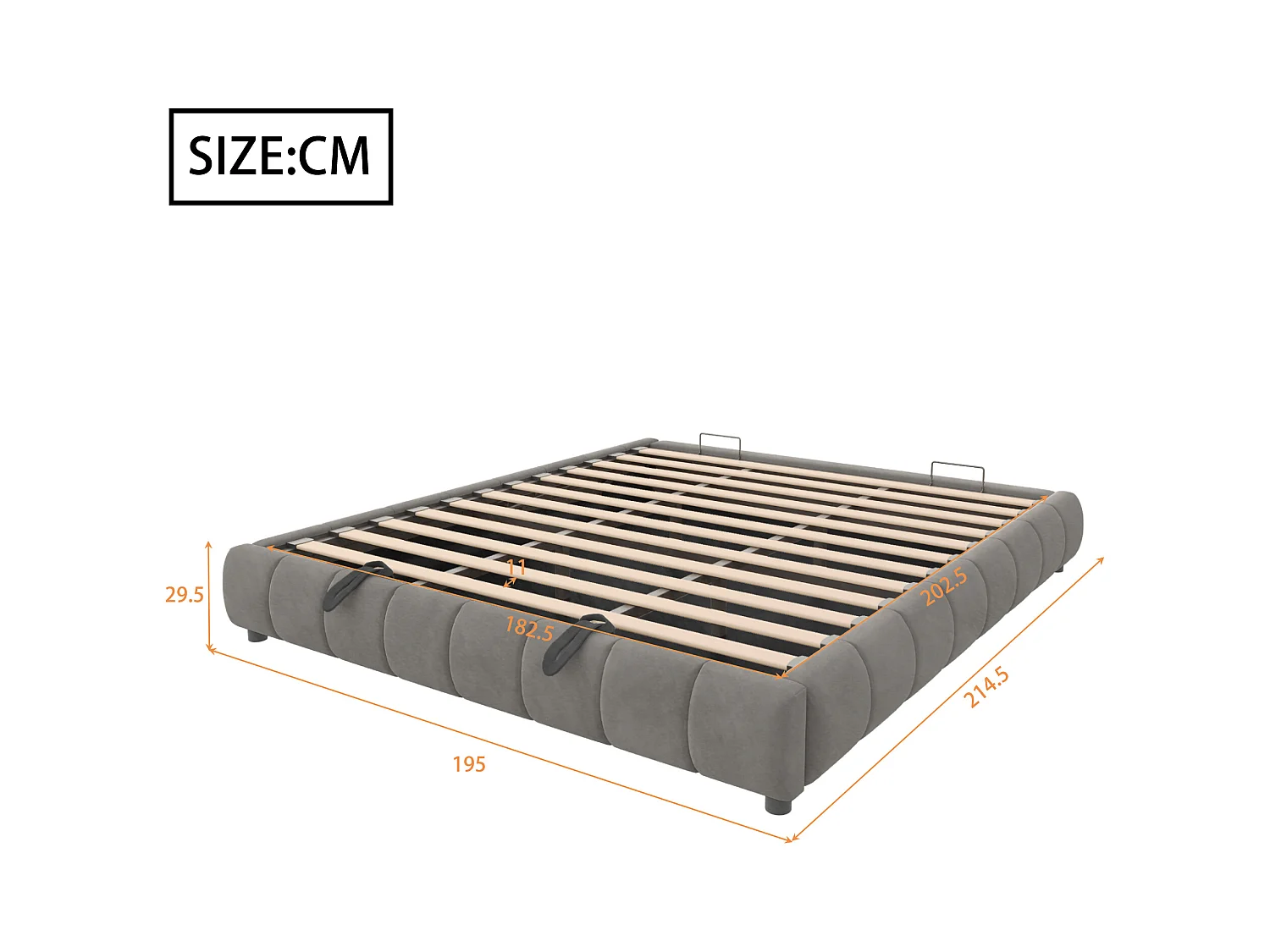 Gepolstertes Bett für Erwachsene 180 x 200 cm, ohne Kopfteil, mit LED-Streifen (einfarbig), Lattenrost mit hydraulischer Federung, grau