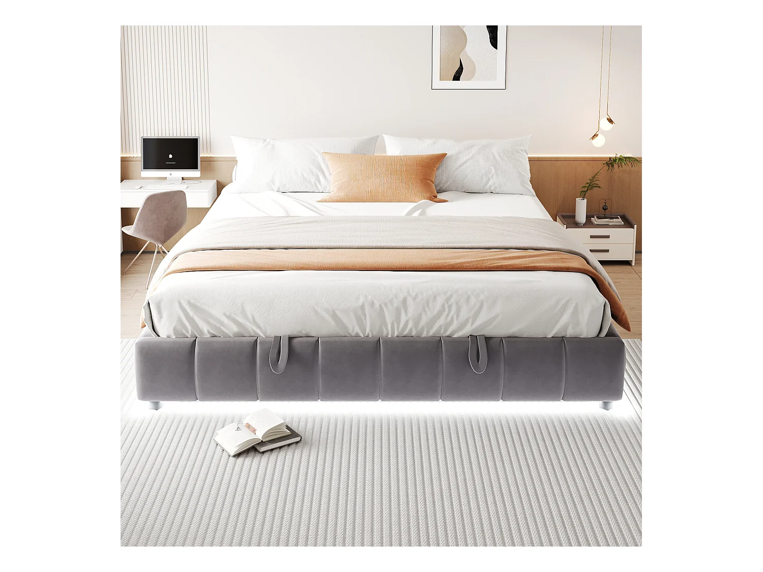 Lit matelassé pour adulte 180 x 200 cm, sans tête de lit, avec bande LED (monochrome), sommier à suspension hydraulique,gris