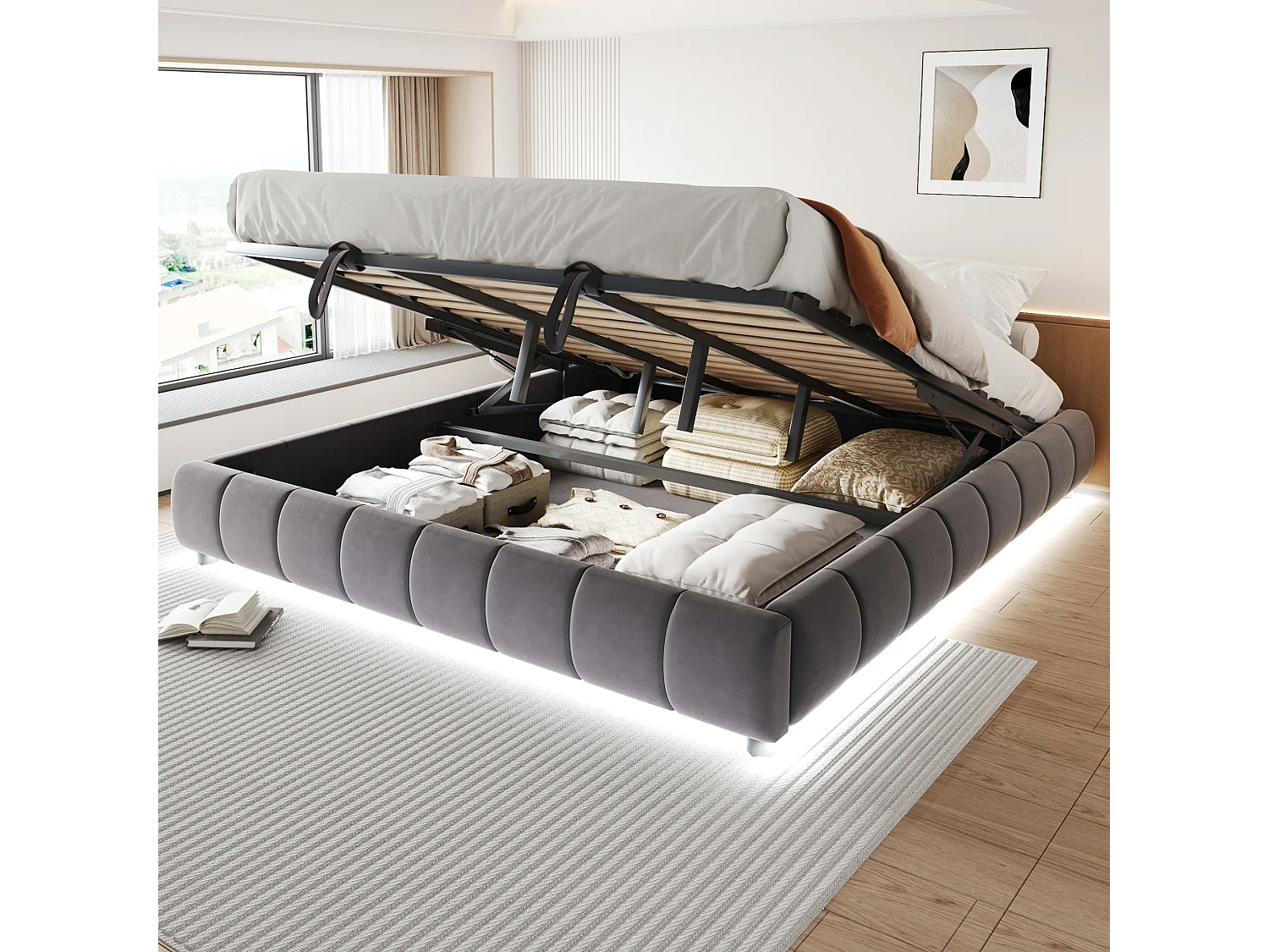 Lit matelassé pour adulte 180 x 200 cm, sans tête de lit, avec bande LED (monochrome), sommier à suspension hydraulique,gris