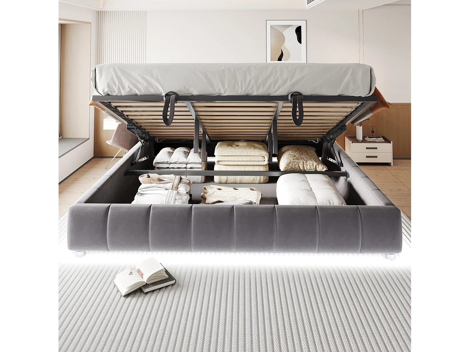 Lit matelassé pour adulte 180 x 200 cm, sans tête de lit, avec bande LED (monochrome), sommier à suspension hydraulique,gris