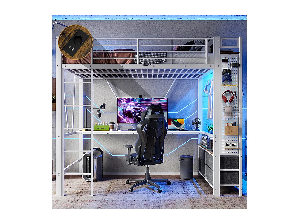 Lit mezzanine 90 x 200 cm, en fer, avec bureau, tringle à linge, étagères, tiroirs, prises USB + Type-C, bande LED,blanc