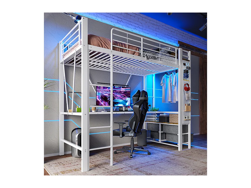 Lit mezzanine 90 x 200 cm, en fer, avec bureau, tringle à linge, étagères, tiroirs, prises USB + Type-C, bande LED,blanc