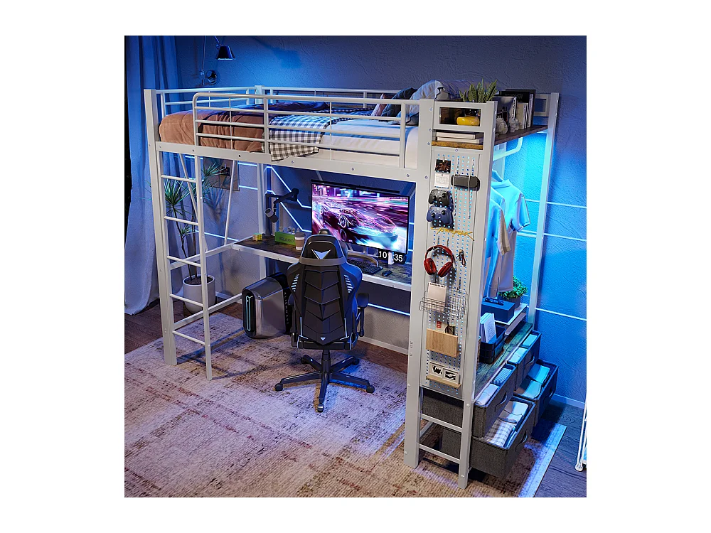 Lit mezzanine 90 x 200 cm, en fer, avec bureau, tringle à linge, étagères, tiroirs, prises USB + Type-C, bande LED,blanc