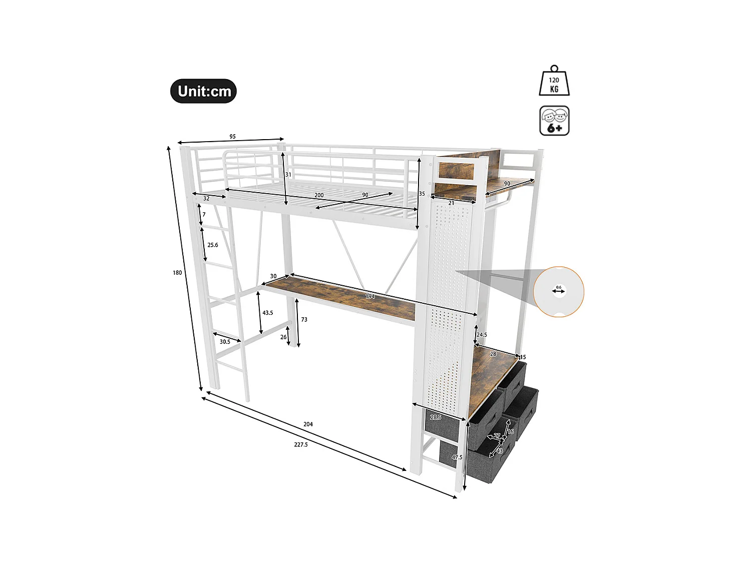 Lit mezzanine 90 x 200 cm, en fer, avec bureau, tringle à linge, étagères, tiroirs, prises USB + Type-C, bande LED,blanc