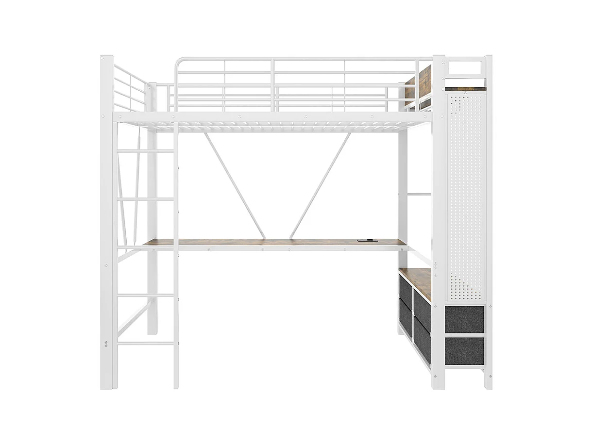 Lit mezzanine 90 x 200 cm, en fer, avec bureau, tringle à linge, étagères, tiroirs, prises USB + Type-C, bande LED,blanc