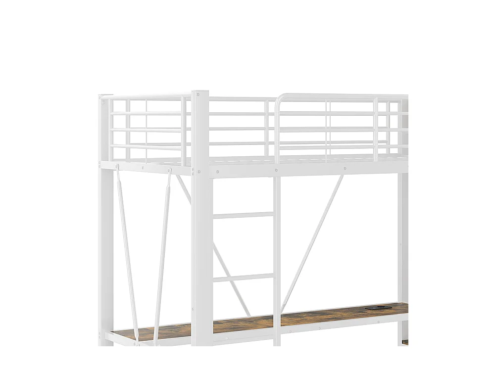 Lit mezzanine 90 x 200 cm, en fer, avec bureau, tringle à linge, étagères, tiroirs, prises USB + Type-C, bande LED,blanc