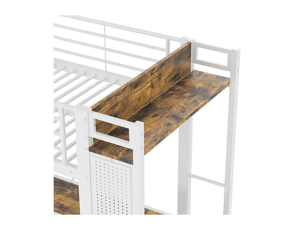 Lit mezzanine 90 x 200 cm, en fer, avec bureau, tringle à linge, étagères, tiroirs, prises USB + Type-C, bande LED,blanc