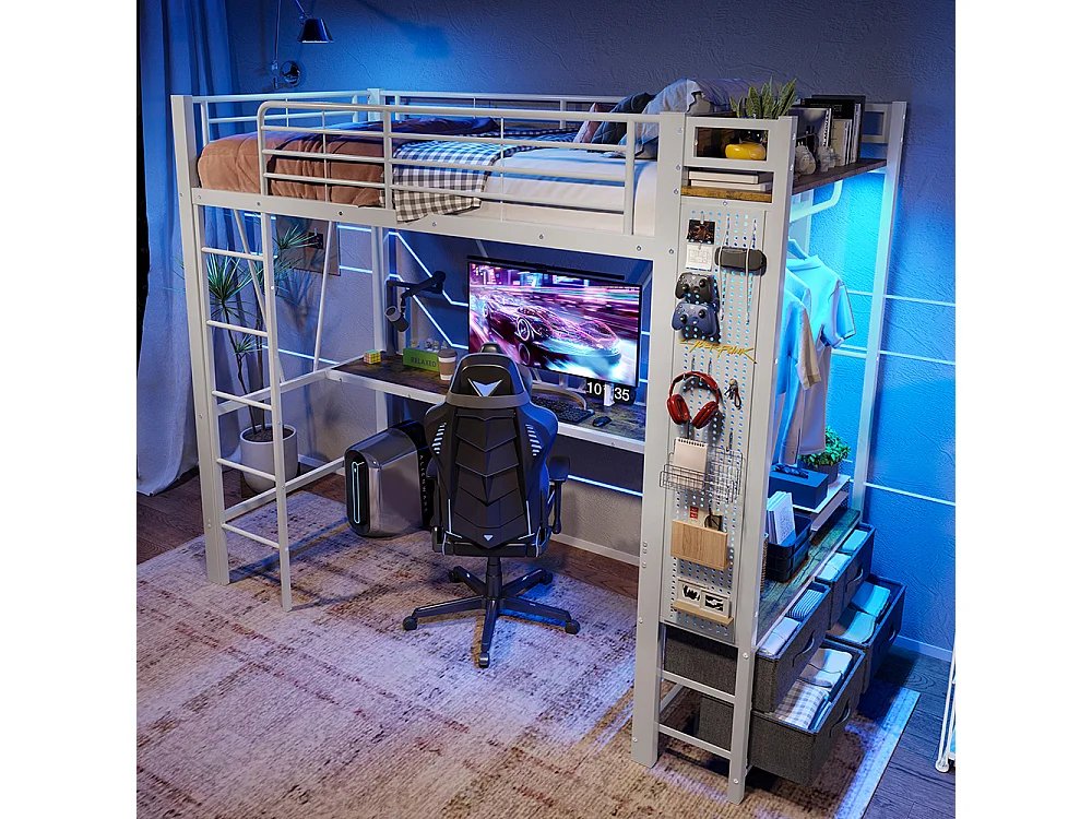 Lit mezzanine 90 x 200 cm, en fer, avec bureau, tringle à linge, étagères, tiroirs, prises USB + Type-C, bande LED,blanc