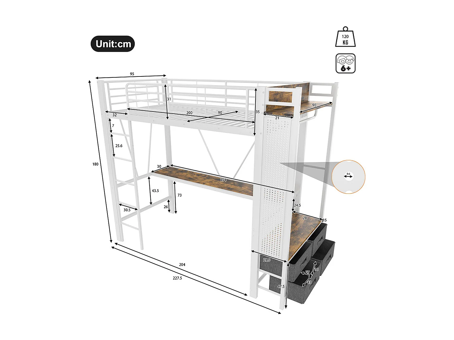 Lit mezzanine 90 x 200 cm, en fer, avec bureau, tringle à linge, étagères, tiroirs, prises USB + Type-C, bande LED,blanc