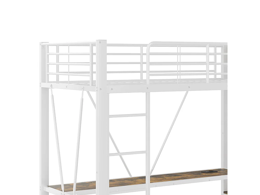 Lit mezzanine 90 x 200 cm, en fer, avec bureau, tringle à linge, étagères, tiroirs, prises USB + Type-C, bande LED,blanc