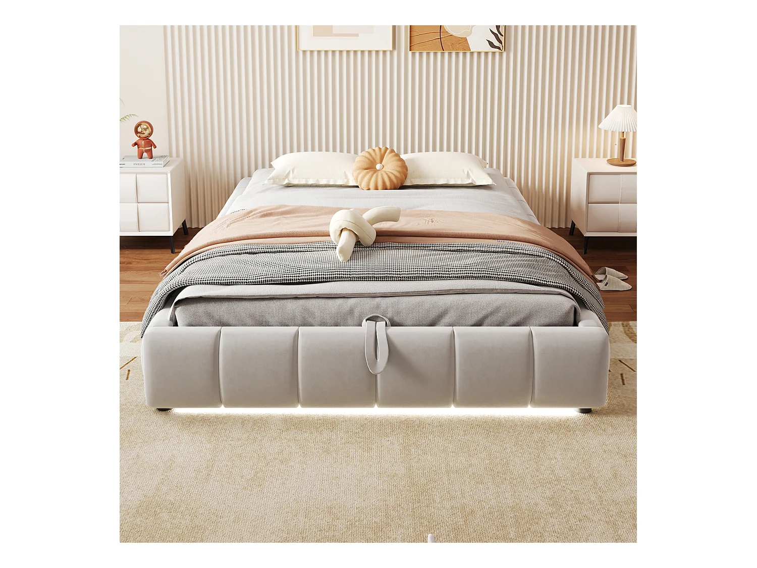 Lit matelassé pour adulte 140 x 200 cm, sans tête de lit, avec bande LED (monochrome), sommier à suspension hydraulique,beige.