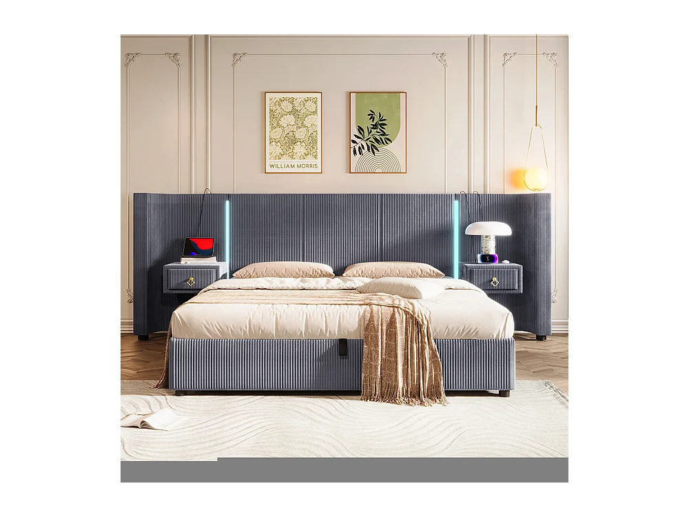 Lit double pour adultes 180 x 200 cm, avec bande LED, système hydraulique, 2 tiroirs, ports USB + Type-C, revêtement en velours,gris